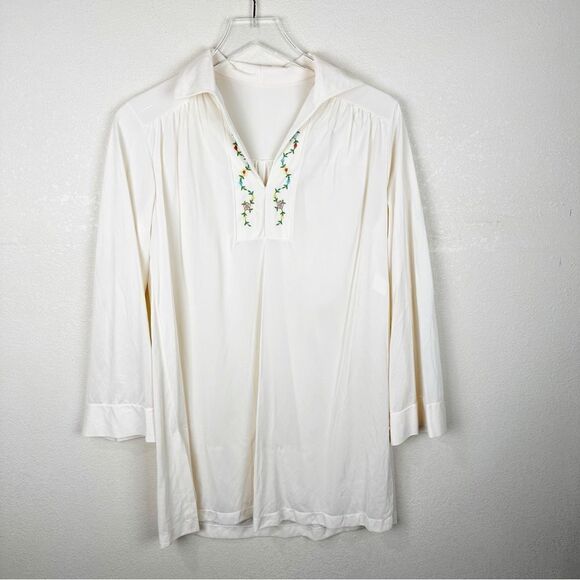 Vintage 70s Polyester Floral Ivory Blouse Flower Child Hippie Top Blouse - Picture 1 of 5